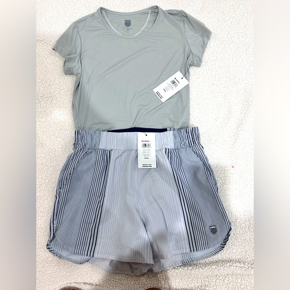Kswiss White and Meteorite 3 in elevate shorts and volley short sleeve tee.